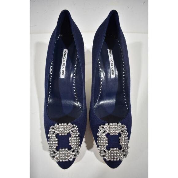 Manolo Blahnik Hangisi 70 Navy Blue Linen Pearl Jewel Buckle Low Heel Pump 39 - Picture 12 of 12